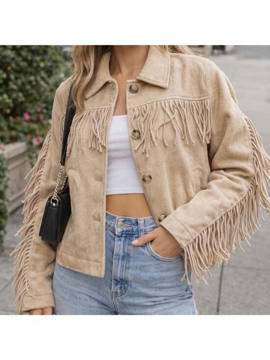 RSQ Jackets & Blazers - RSQ Tan Fringe  Wester Boho Jacket Women's Button Front